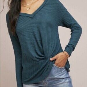 Anthropologie AKEMI + KIN Waffle-Knit Twist Knot Oversized Green Top